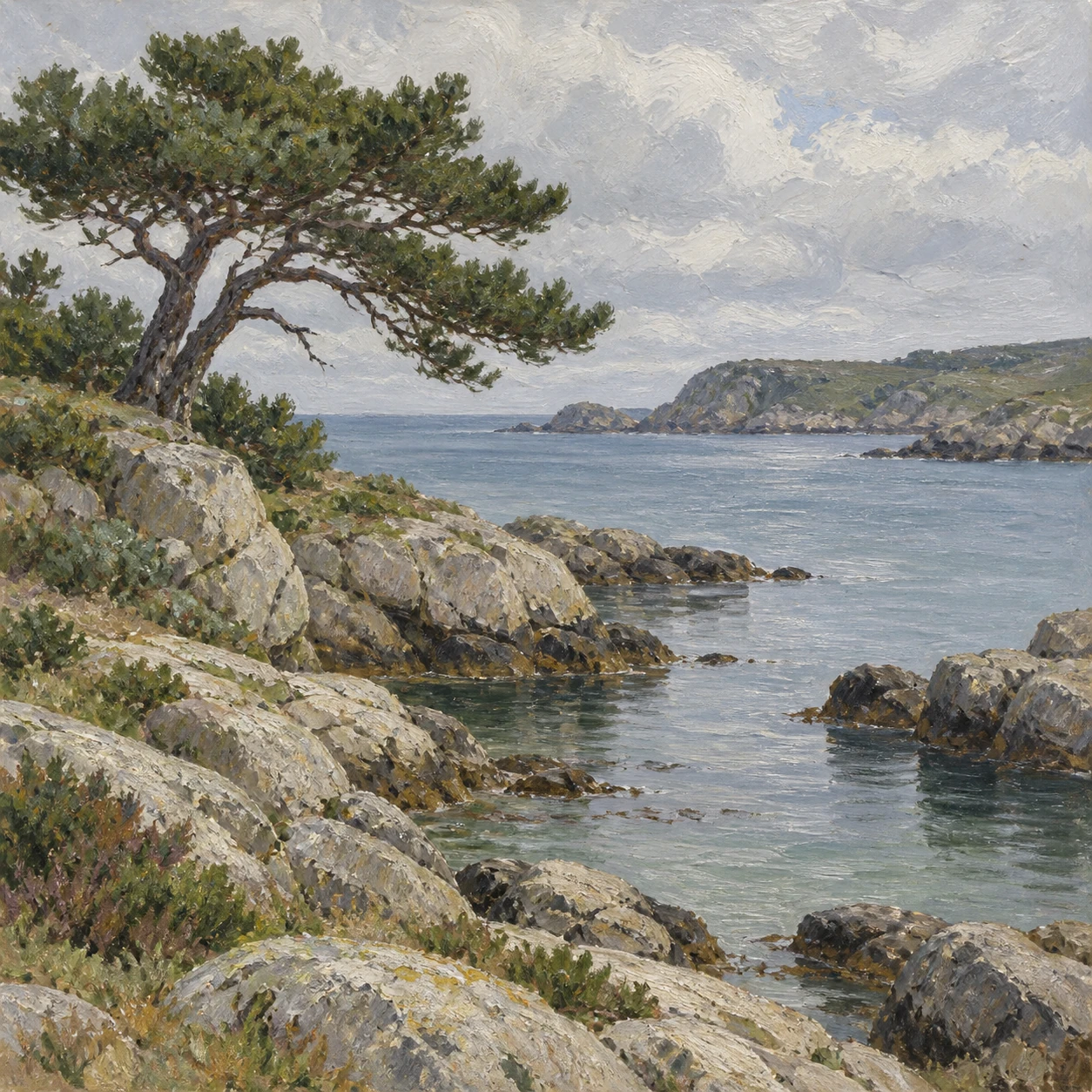 Peinture d’une crique rocheuse et d’un pin maritime au bord de l’eau.